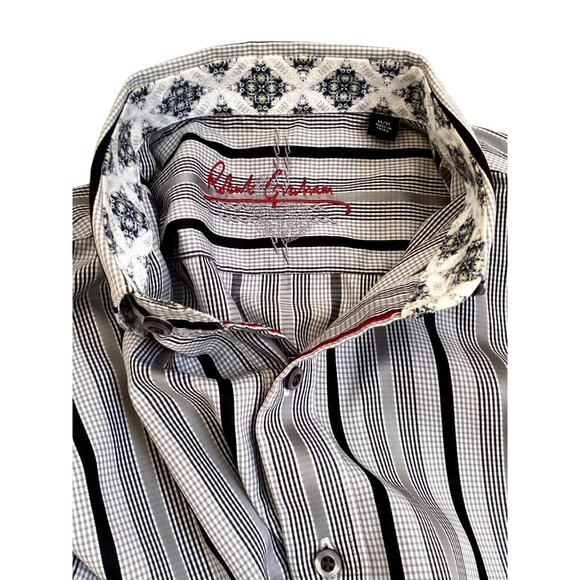 ROBERT GRAHAM Gray Men Striped Long Sleeve Shirt Flip Cuff Size M Classic Fit EC - Picture 5 of 9